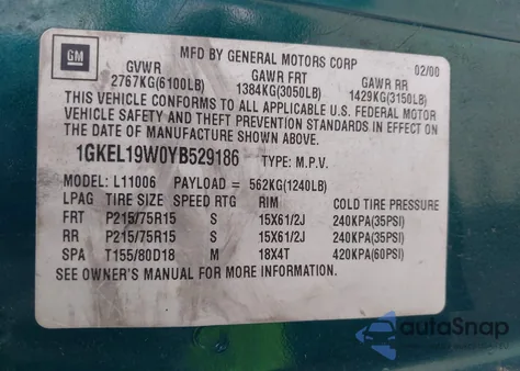 2000 GMC Safari Sl из США, поврежденный, VIN 1GKEL19W0YB529186